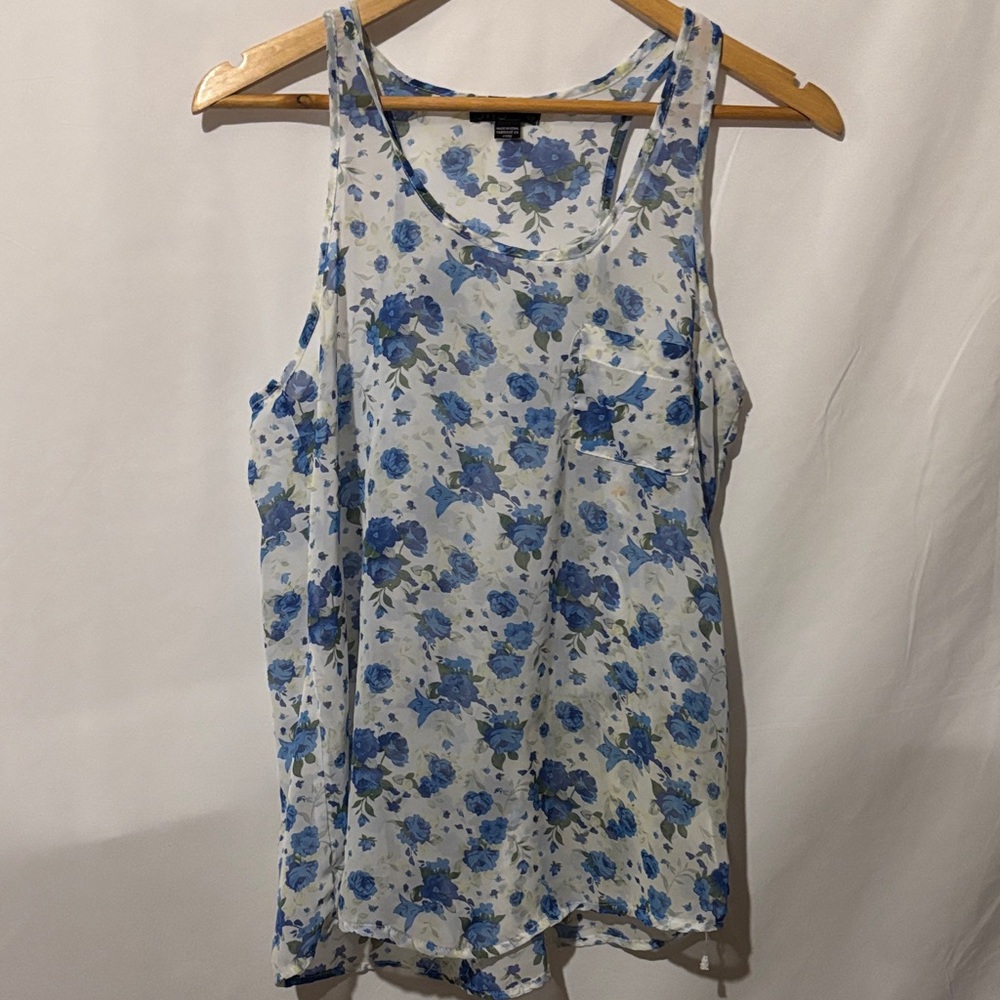 3/$20 Bundle & Save! Blue Floral Sleeveless sheer Tank Top